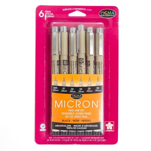 Black, Sakura, Pigma, Micron, Pen, 6 count, Set, (005,01,02,03.05,08)